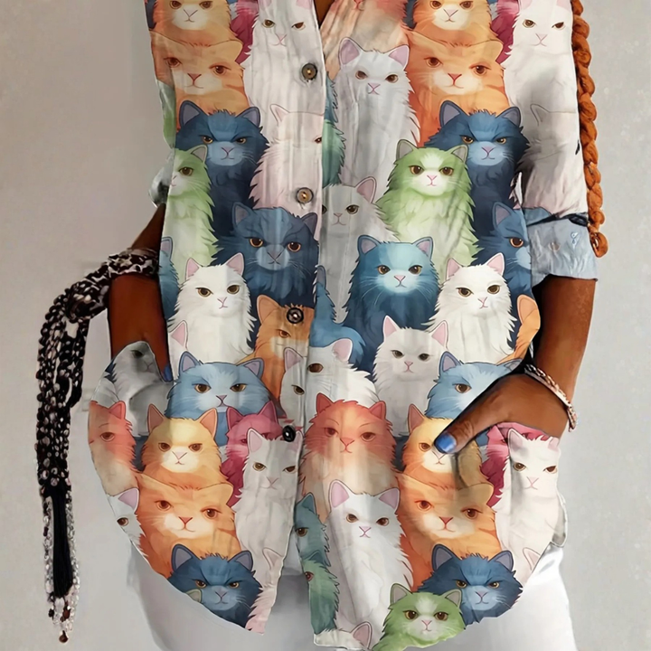 Cateline™ | Playful Cat Print Blouse