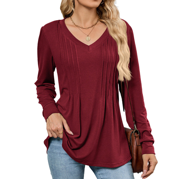 Emelina™ | Pleated V-Neck Long Sleeve Top